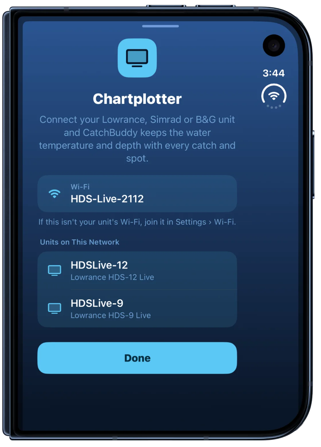 Chartplotter setup on iPhone Duo listing two Lowrance HDS Live units found on the boat's Wi-Fi network