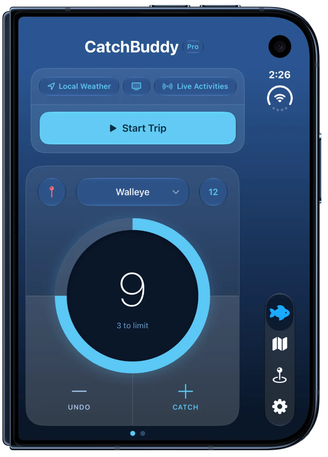 CatchBuddy on a folded iPhone Duo, showing the same trip counter