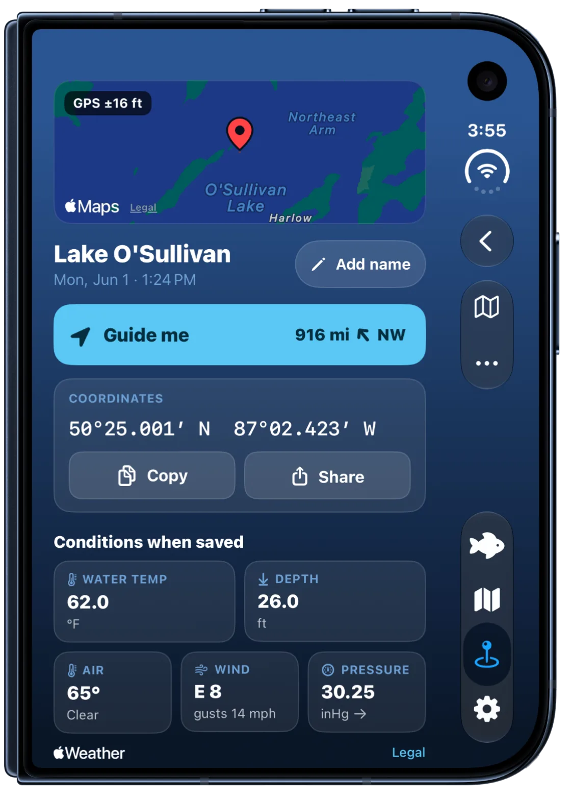 Spot details on iPhone Duo with a map, a Guide me button, coordinates and the conditions when the spot was saved