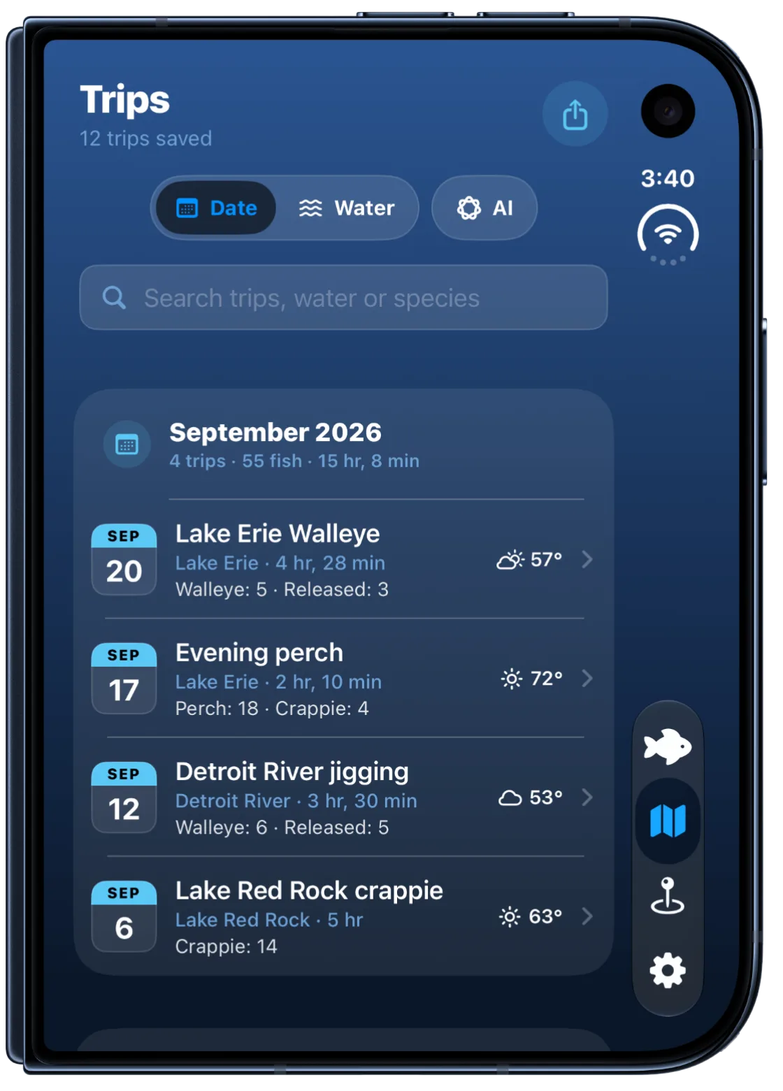 Trips screen on iPhone Duo listing September trips with water, time fished, species counts and weather