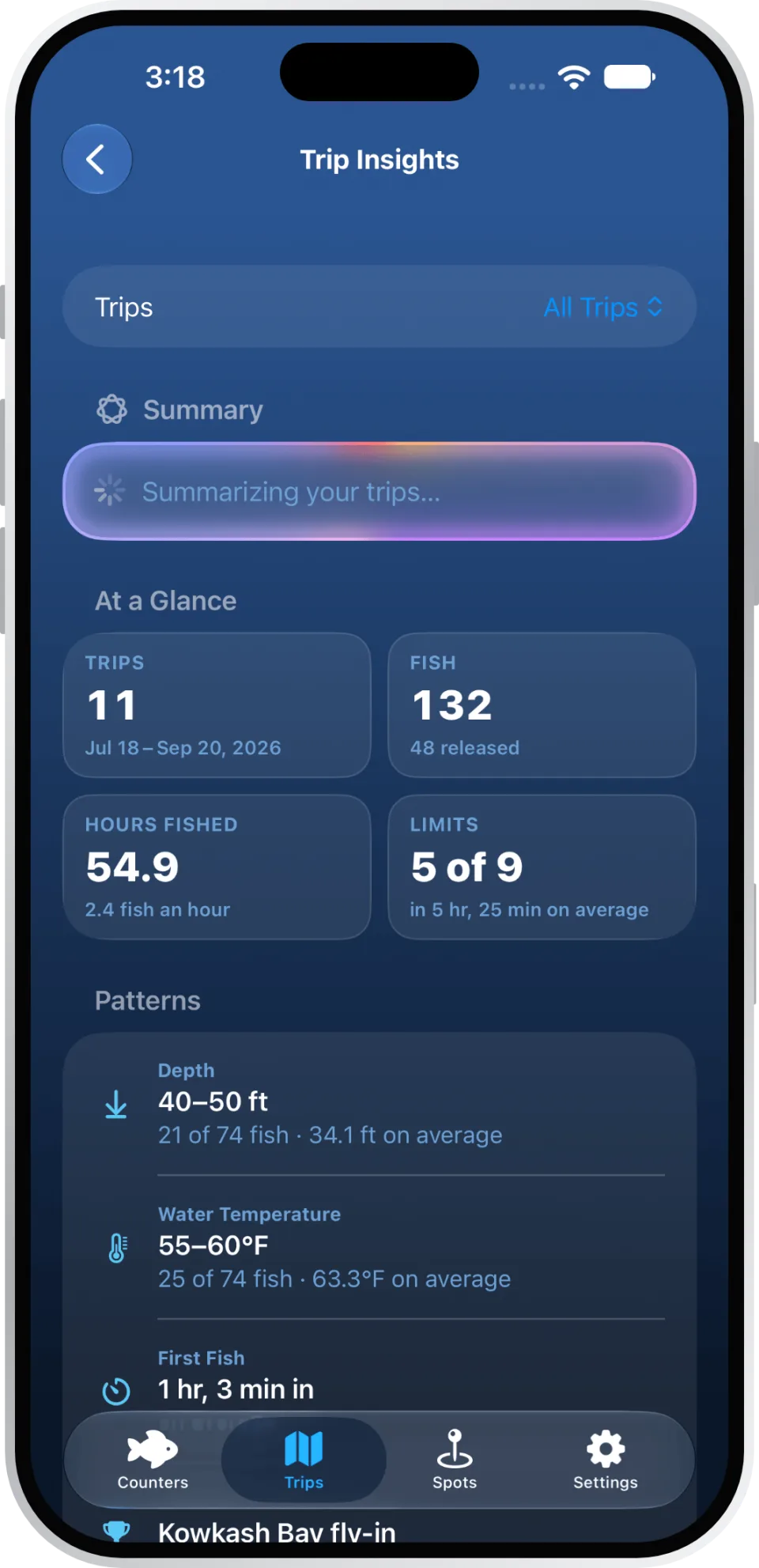 Trip Insights screen showing trips, fish caught, hours fished and limits, with depth and water temperature patterns