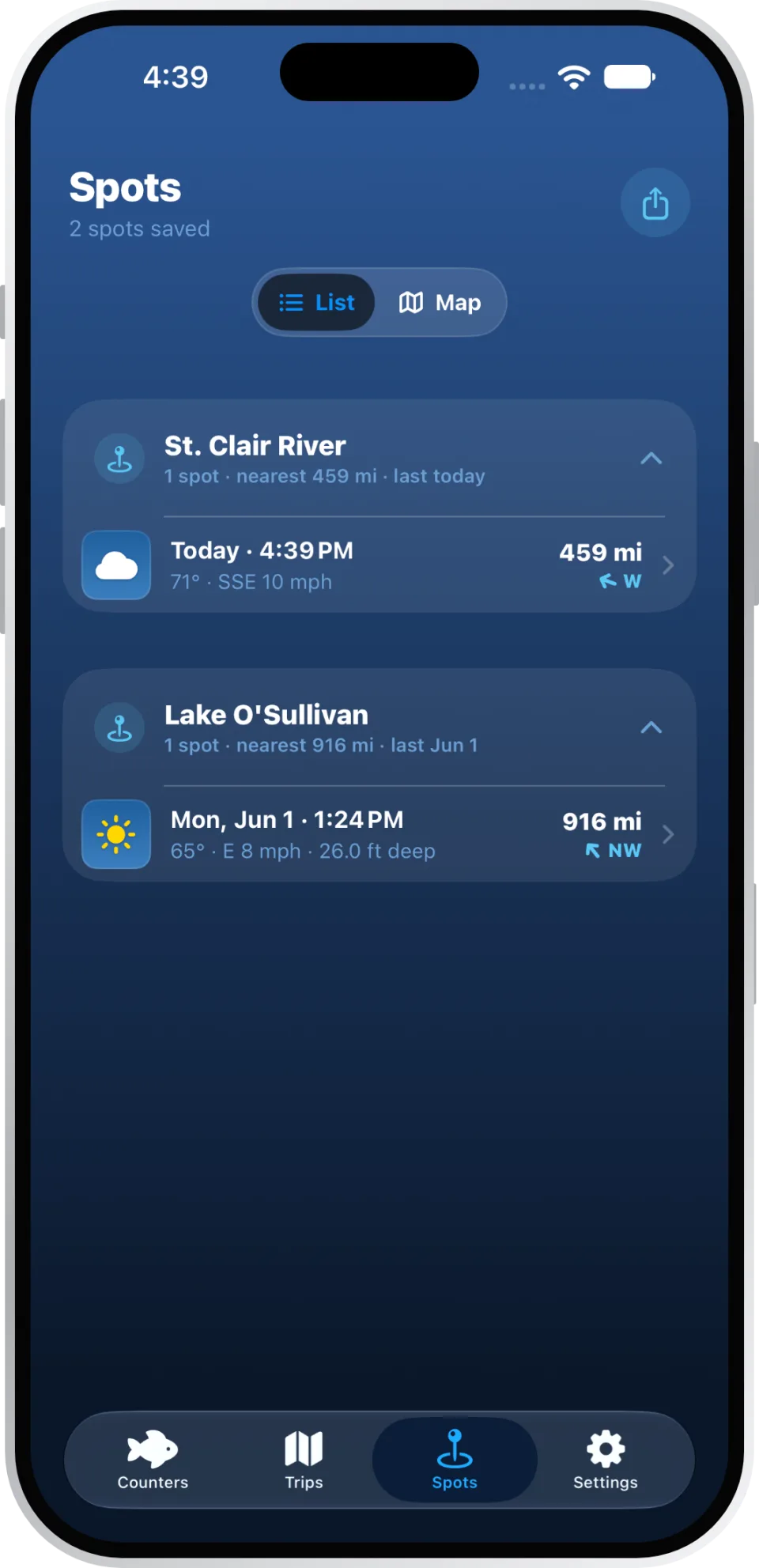 Spots screen listing saved spots on the St. Clair River and Lake O'Sullivan with distance and direction