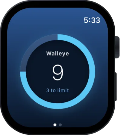 Apple Watch showing 9 walleye caught, 3 to the limit